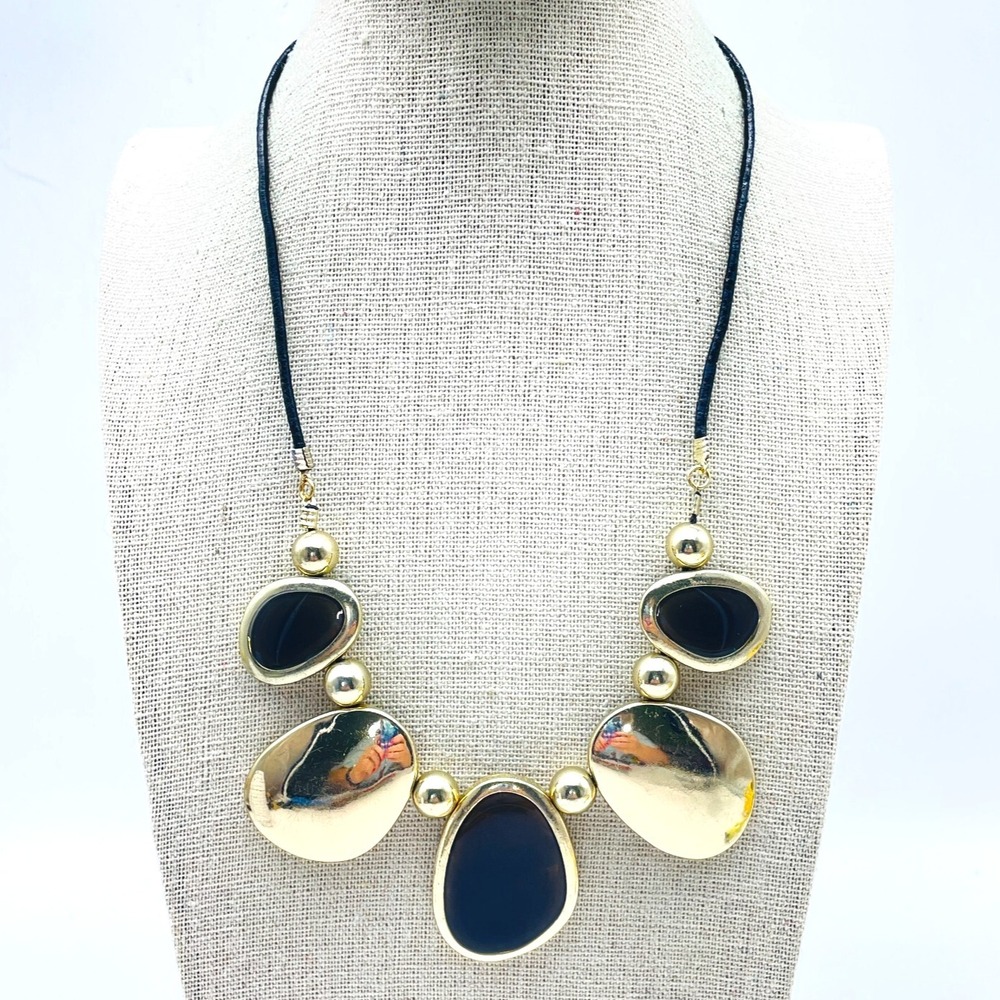 Oval Panel Necklace Gold Tone Black Enamel Faux Leather Cord